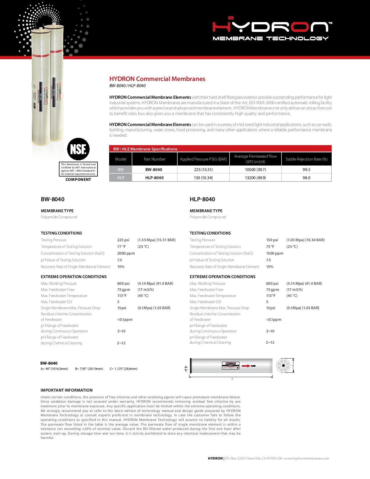 Hydron BW-8040 Commercial Reverse Osmosis Membrane - Image 2